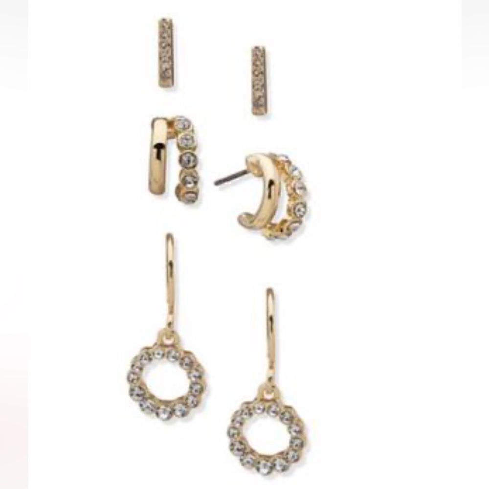NWT Anne Klein Women's Trio Social Stud/Hoop/Drop Earrings Set in Gold-Tone